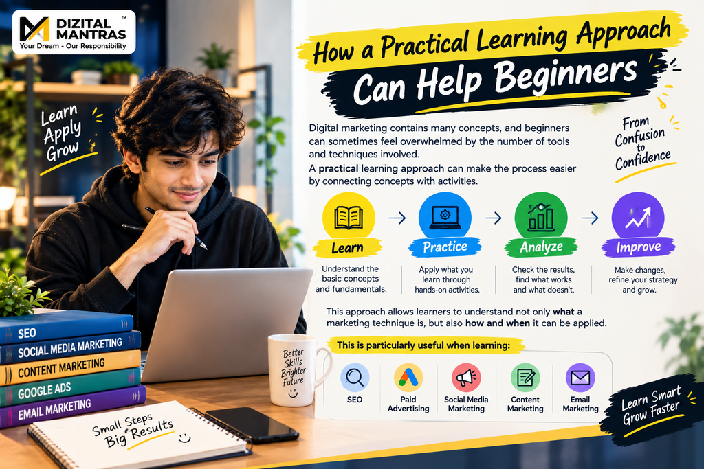 How a practical learning approach can help beginners in digital marketing, showing the Learn, Practice, Analyze, and Improve process with SEO, paid advertising, social media marketing, content marketing, and email marketing

